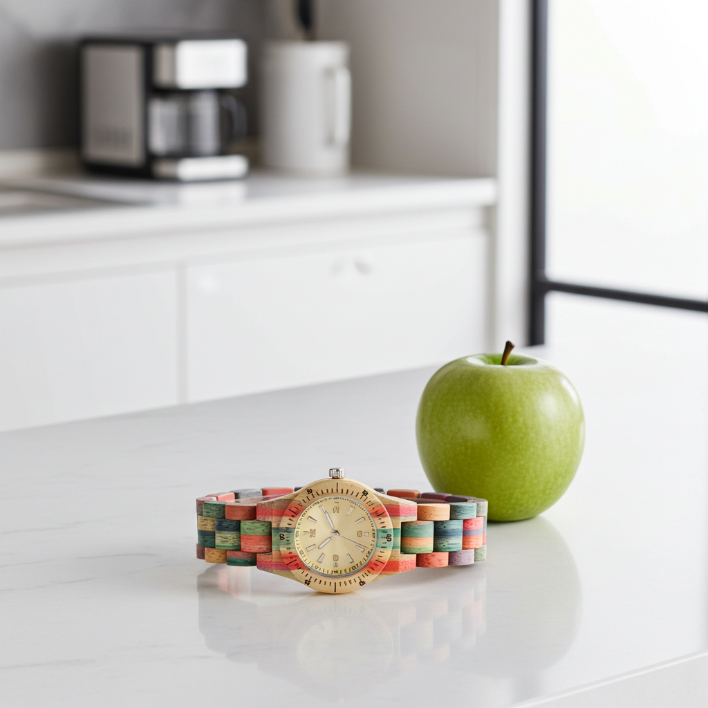 Colorful watch on a kitchen counter with an apple