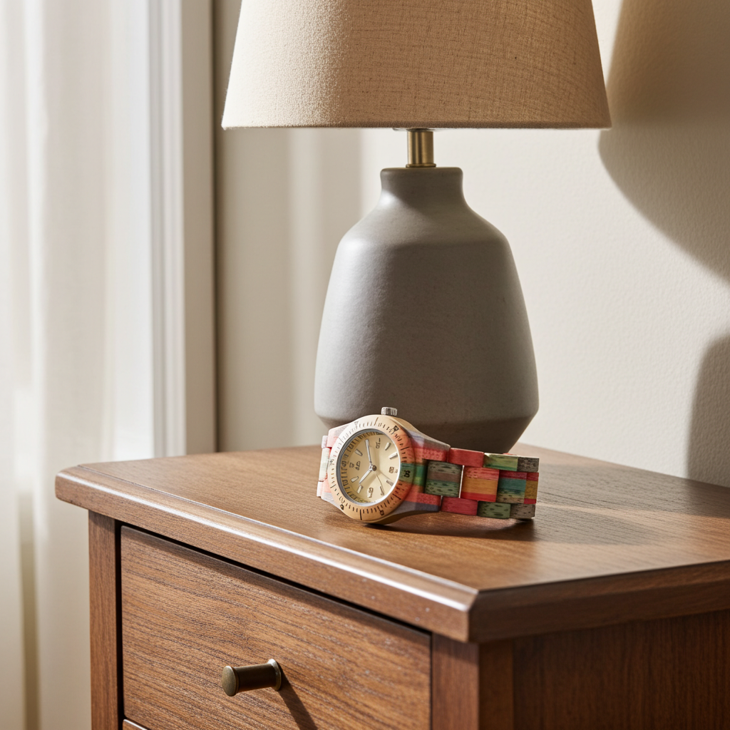 Gray lamp on a wooden nightstand with a colorful watch and small box