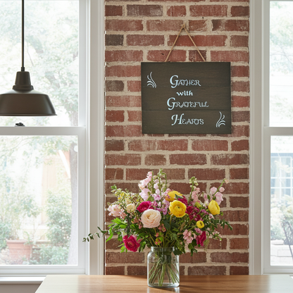 Floral arrangement in a vase on a table with a brick wall and decorative sign in the background.