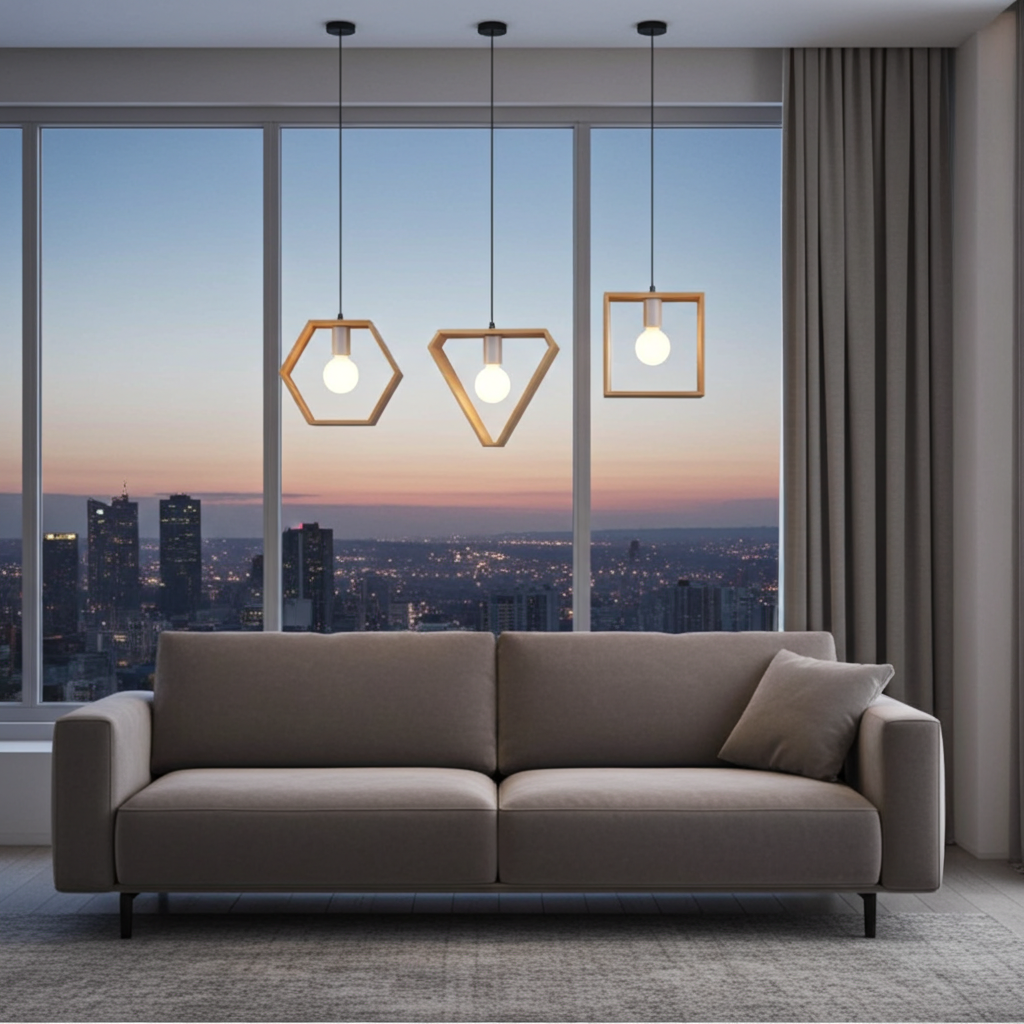 Modern living room with a gray sofa, geometric pendant lights, and cityscape view.