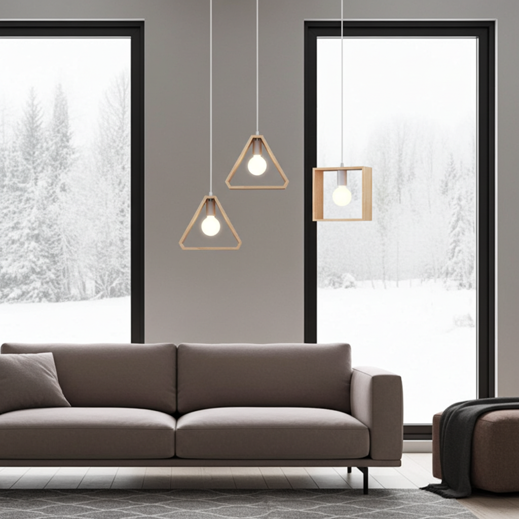 Modern living room with a gray sofa, geometric pendant lights, and large windows.