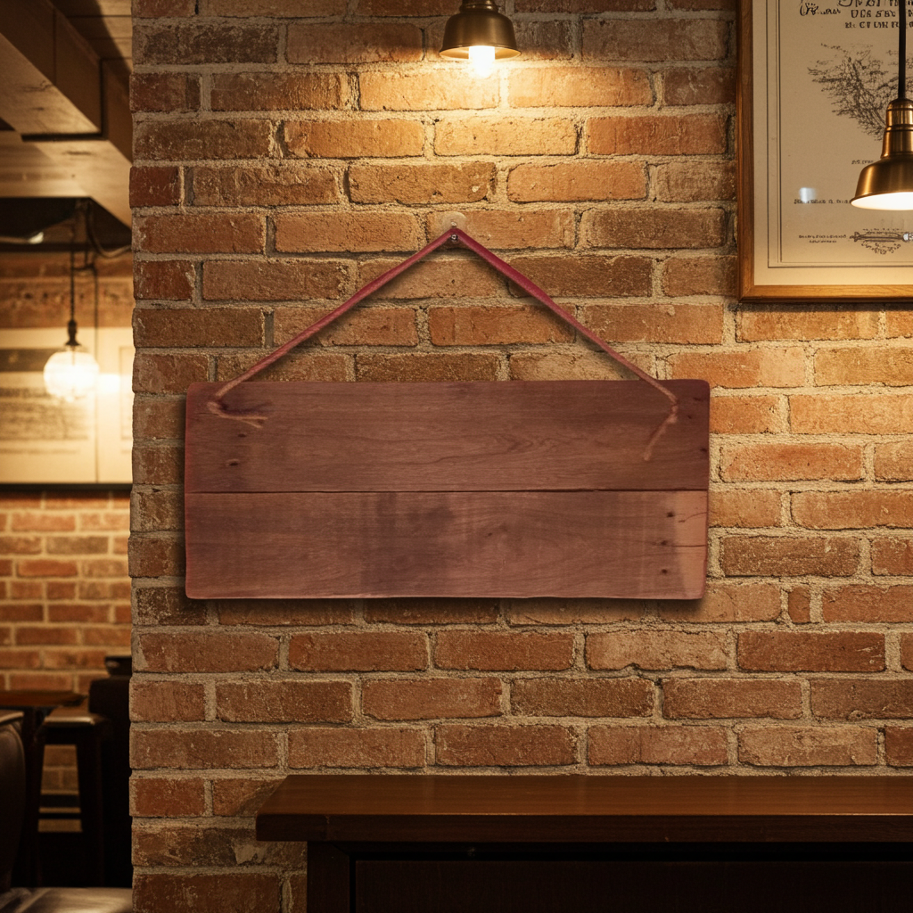 Wooden sign backside view hanging on a brick wall with warm lighting