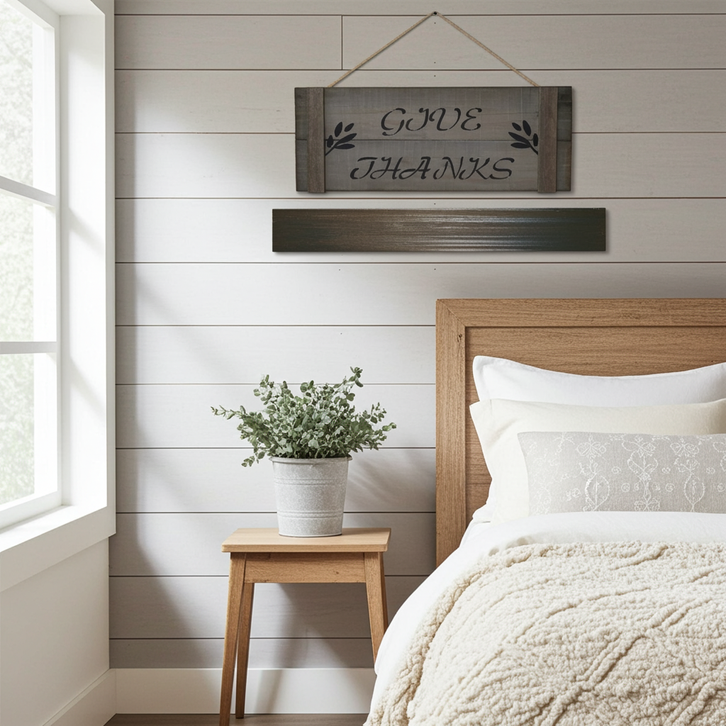 Bedroom with wooden headboard, 'Give Thanks' sign, and small table with plant.