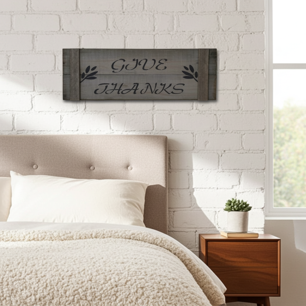 Bedroom with 'Give Thanks' sign on white brick wall