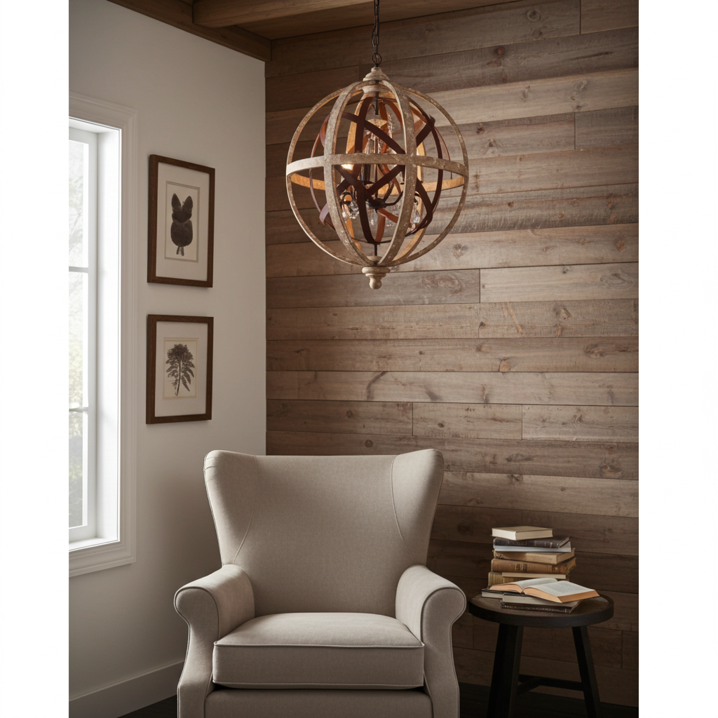 Cozy room with a beige armchair, wooden wall paneling, and a spherical chandelier.