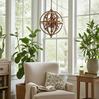 Cozy living room with a beige armchair, plants, and a chandelier.