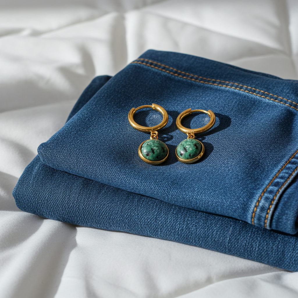 Gold and green earrings on a folded blue denim fabric
