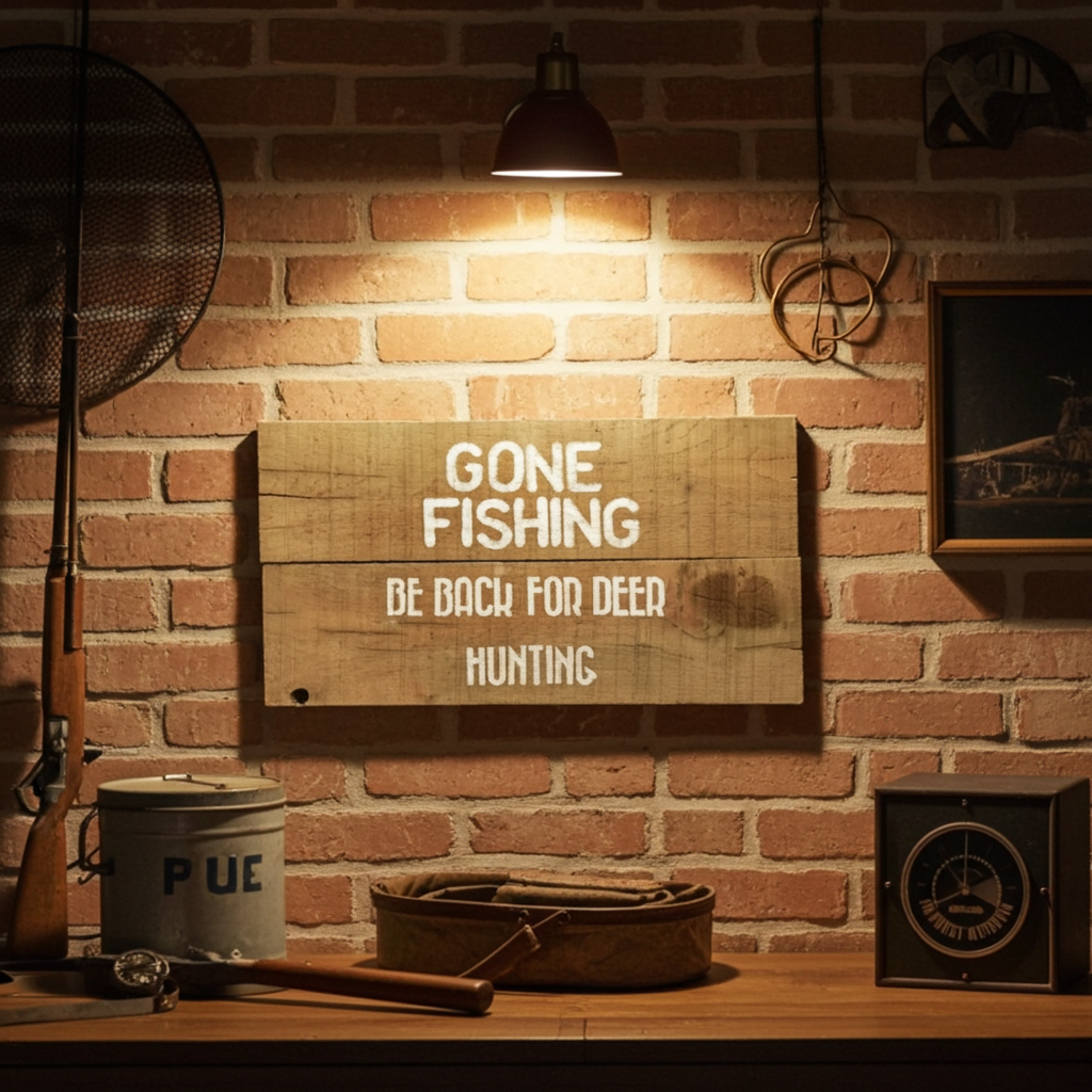 Wooden sign with 'Gone Fishing, Be Back for Deer Hunting' on a brick wall with hunting equipment.
