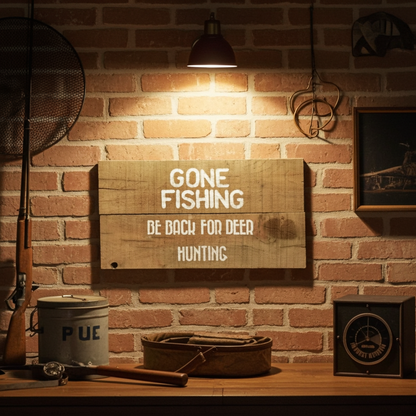 Wooden sign with 'Gone Fishing, Be Back for Deer Hunting' on a brick wall with hunting equipment.