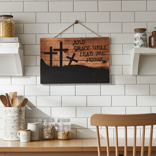 Wooden sign with crosses and text in a kitchen setting