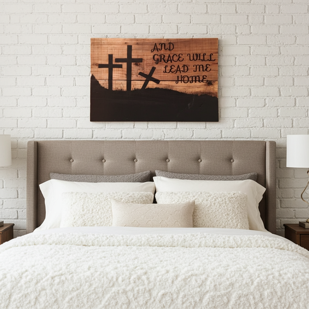 Bedroom with a wooden wall art piece featuring crosses and text above a bed.