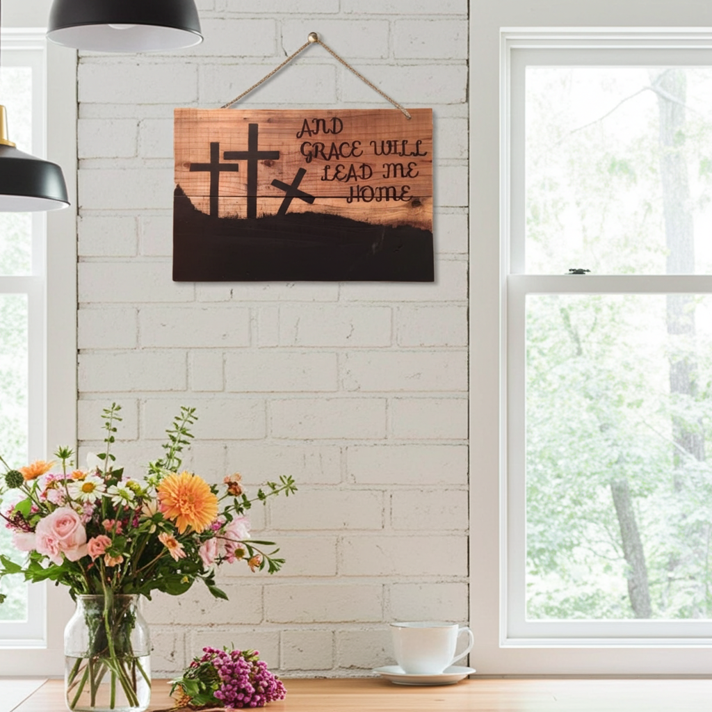 Wooden sign with cross and text on a white brick wall with flowers and a cup on a table.