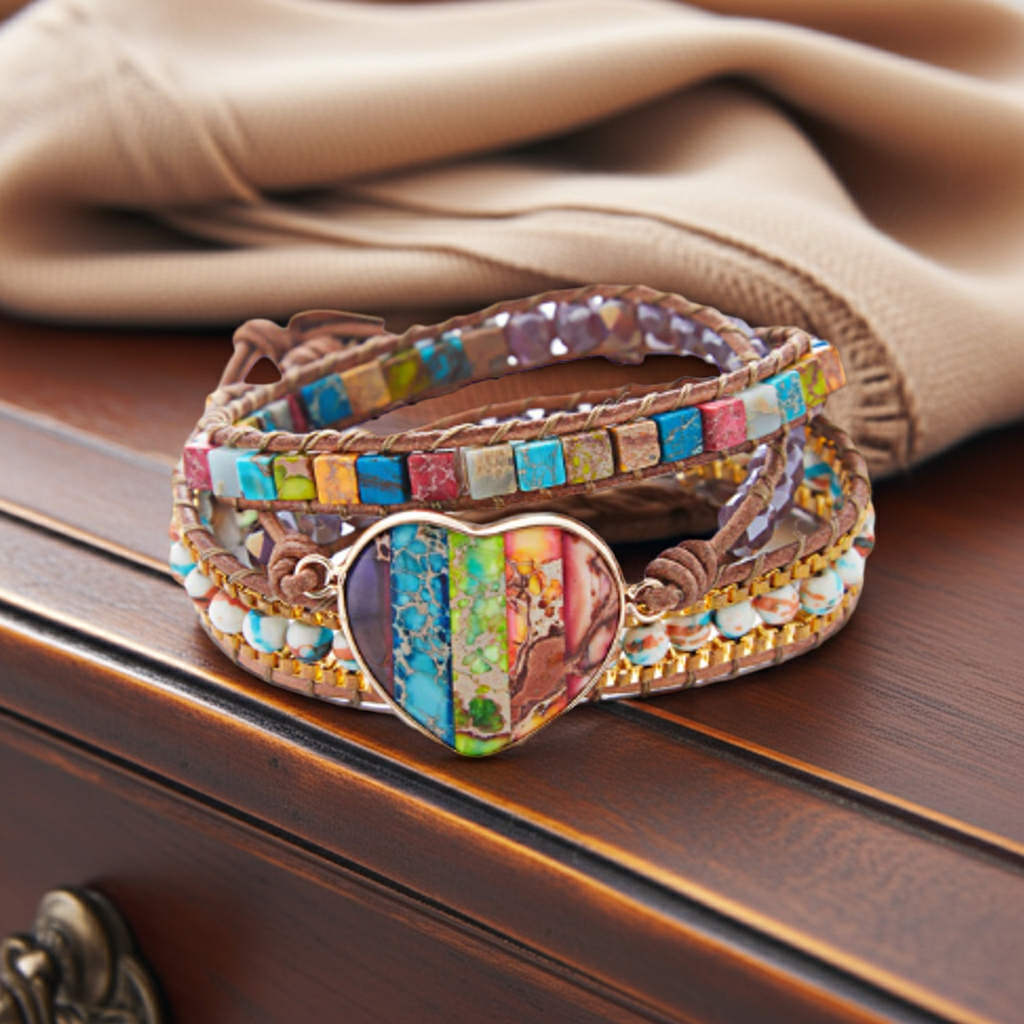 Colorful beaded bracelet with a heart charm on a wooden surface