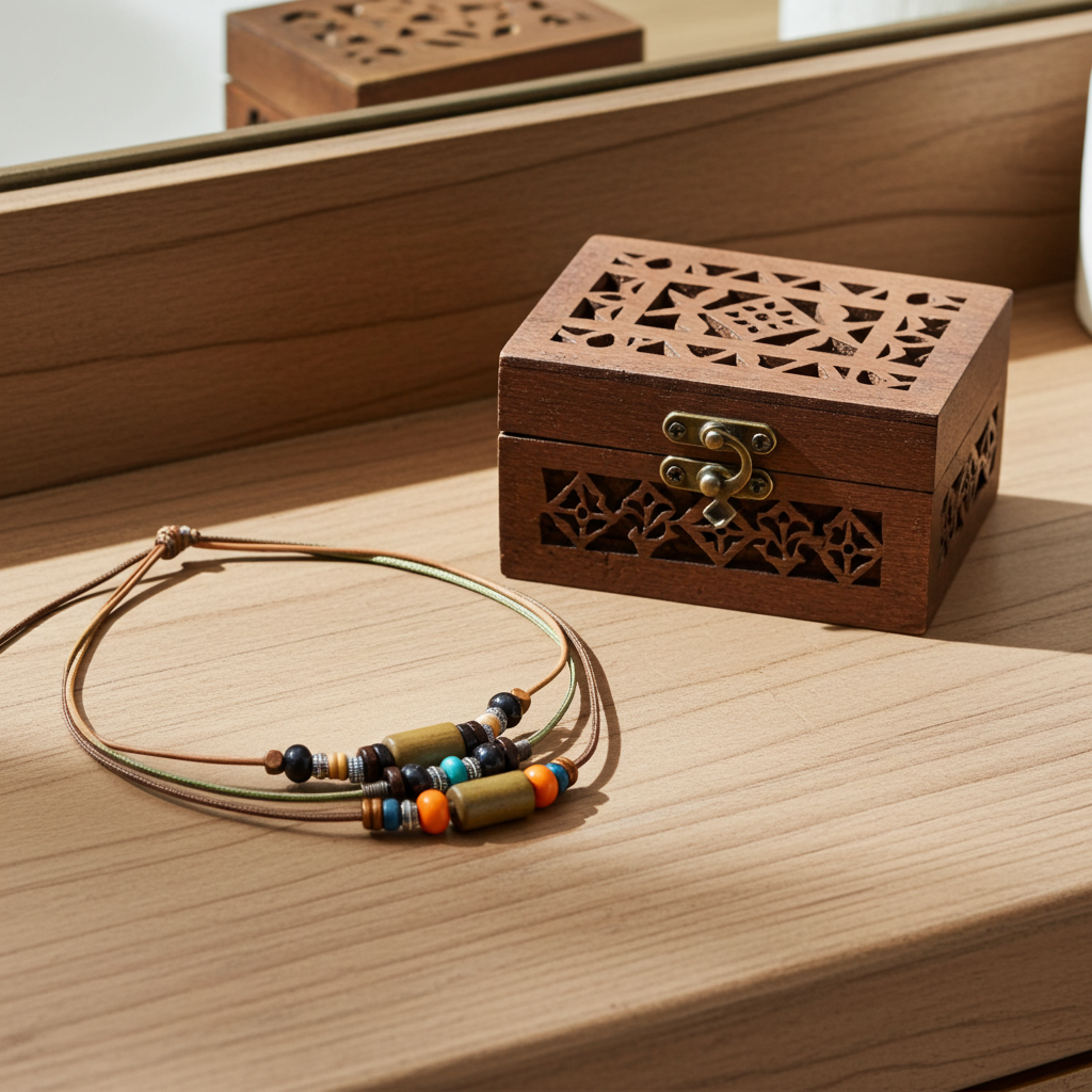 A small carved wooden jewelry box with a brass clasp sits on a light wood surface beside a beaded cord necklace with colorful spacer beads.