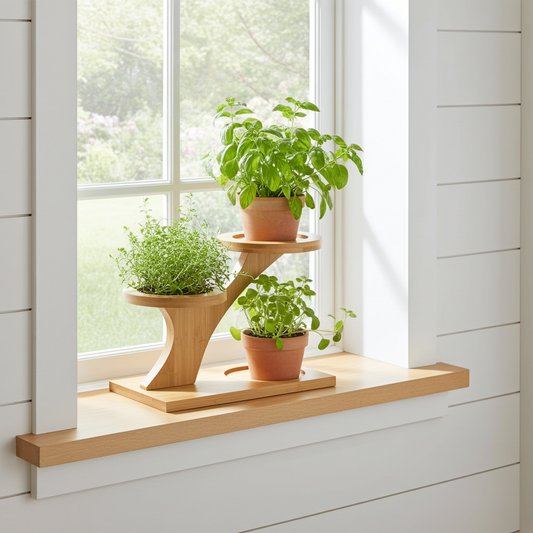 Three potted plants on a wooden window sill with a view of greenery outside.