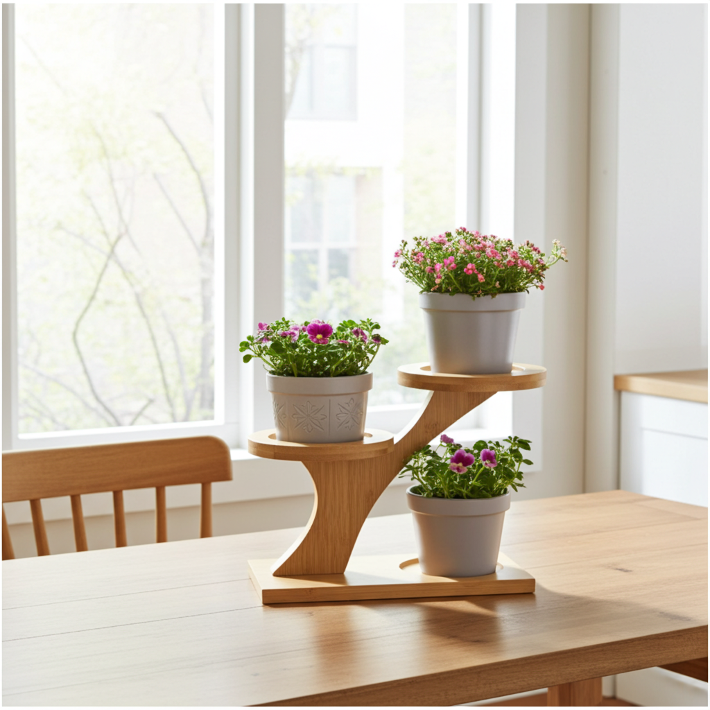 Three-tiered wooden plant stand with potted plants on a wooden table.