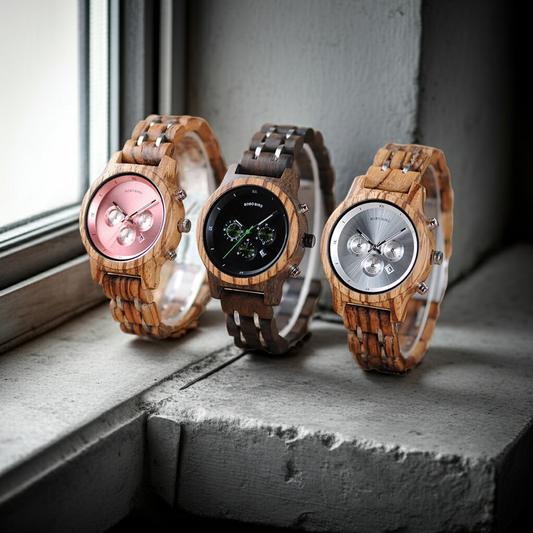 Three wooden watches with different face designs on a concrete surface.