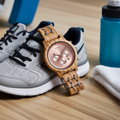 Wooden watch on a wooden surface with sneakers and a towel in the background