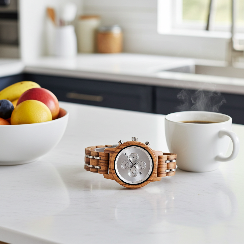 Wooden watch on a kitchen counter with a cup of coffee and fruit bowl.