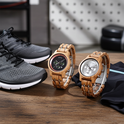 Two wooden watches on a wooden surface with gray sneakers and black pants in the background.