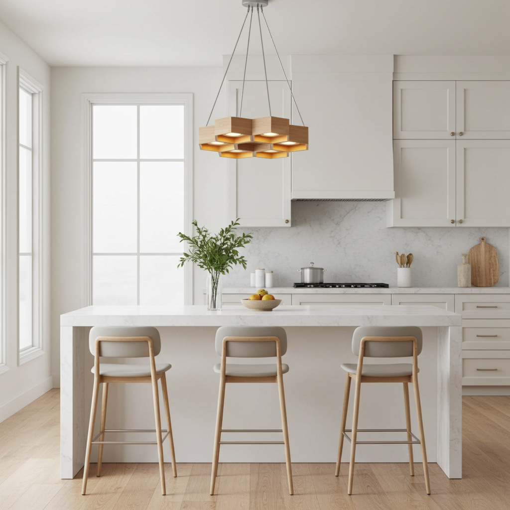 chandelier hanging in modern kitchen with white countertops, light wood cabinets, and bar stools.