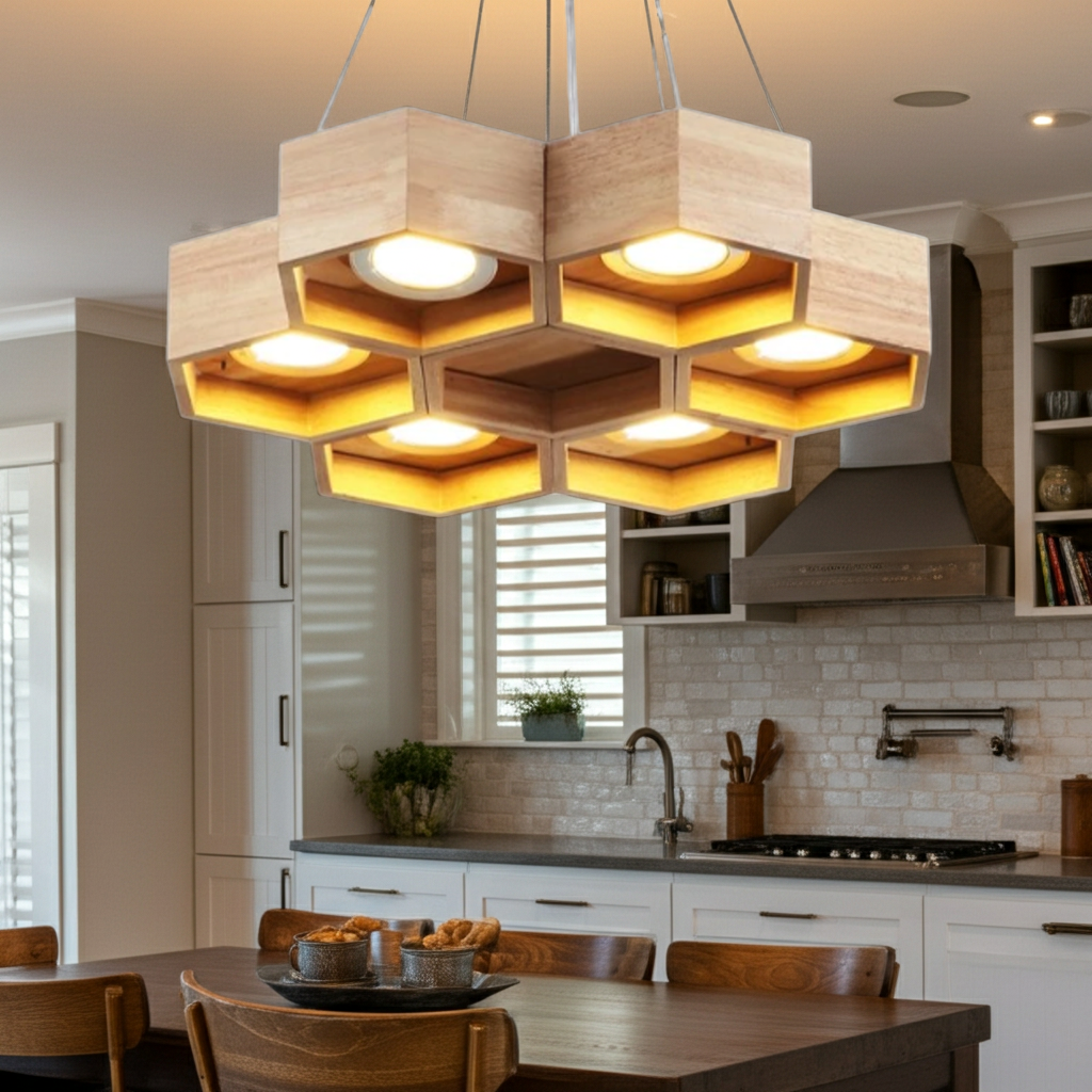 enlarged picture of the honeycomb chandelier hanging over a kitchen table