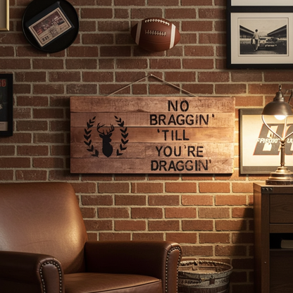 Wooden sign with text on a brick wall with a brown armchair and decorative items.
