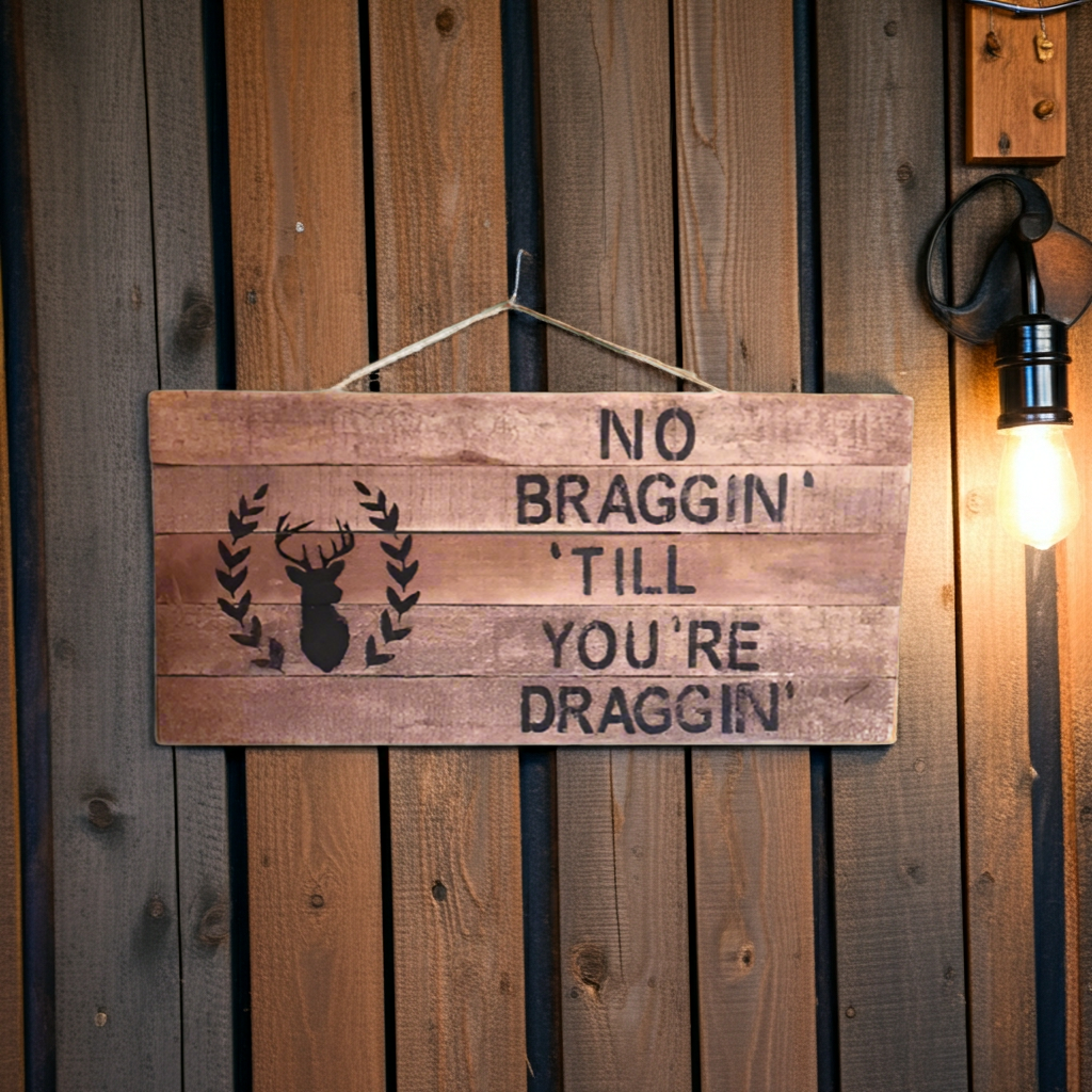 Wooden sign with text and deer silhouette on a wooden wall.
