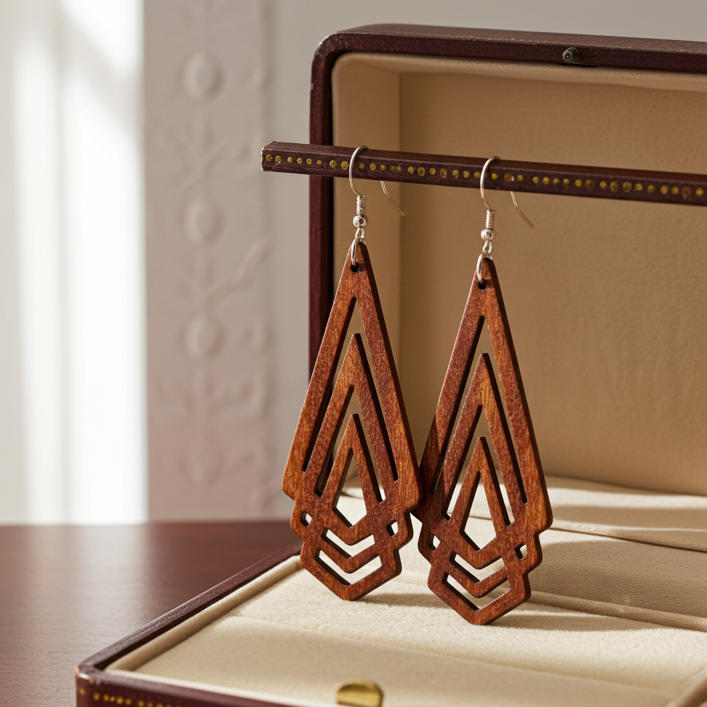 Wooden geometric earrings on a jewelry display box
