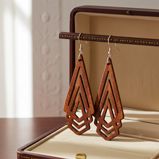 Wooden geometric earrings on a jewelry display box