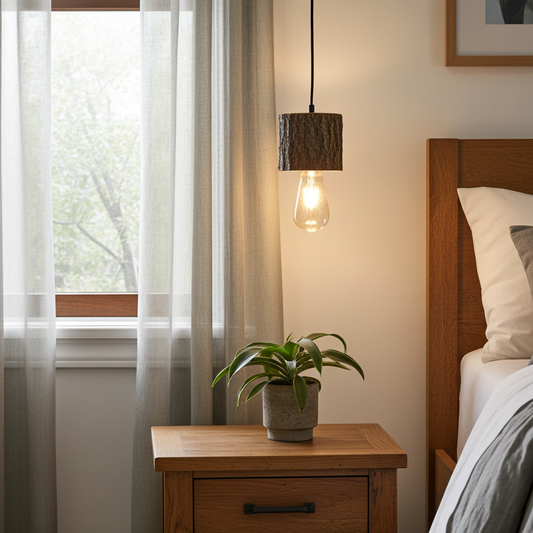 log light hanging over bedside table