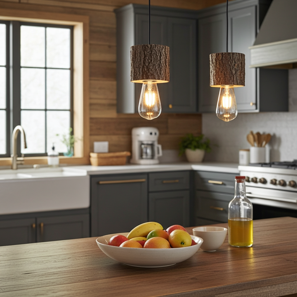 Modern kitchen with wooden countertop, fruit bowl, and hanging light fixtures.