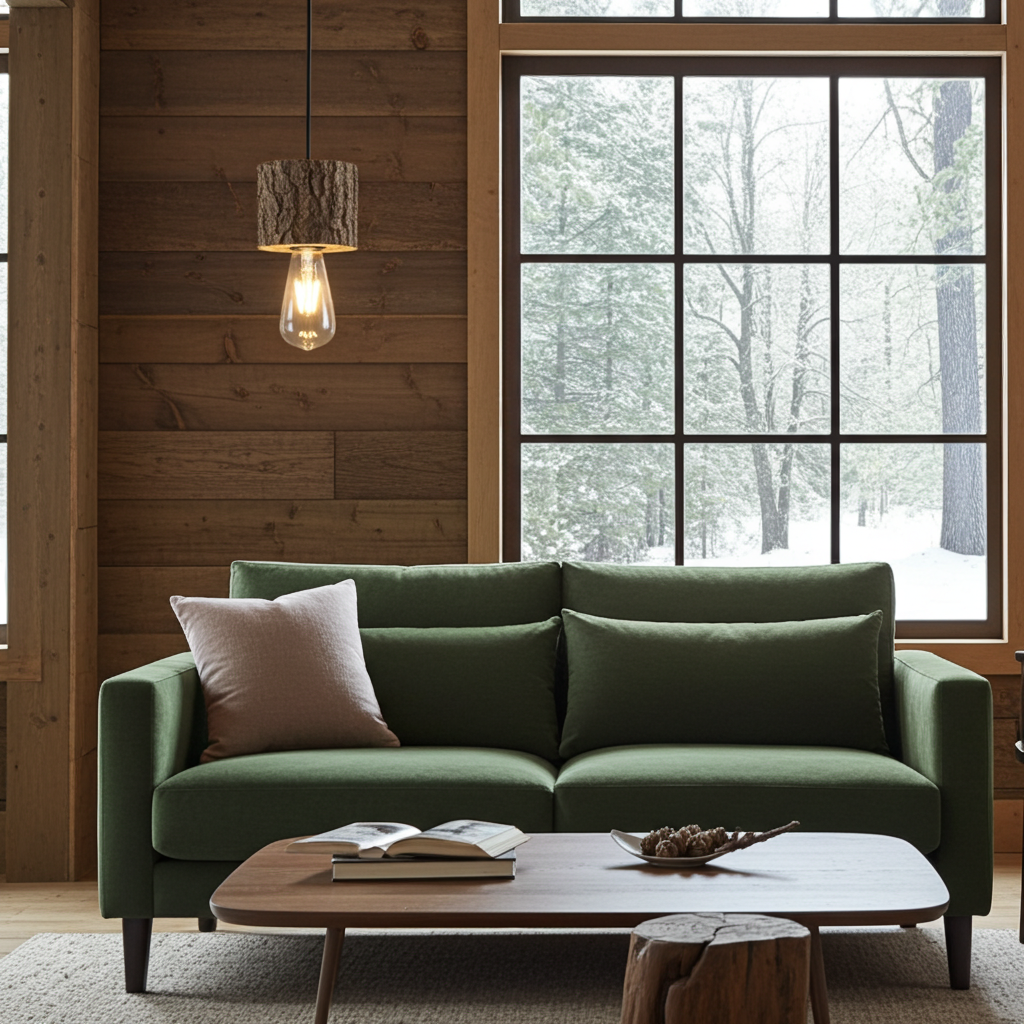 Green sofa in a living room with a hanging log light