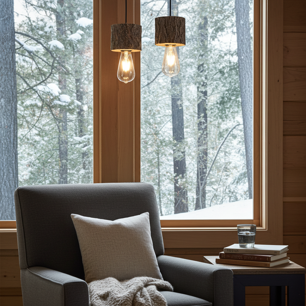 2 log lights hanging over a reading chair