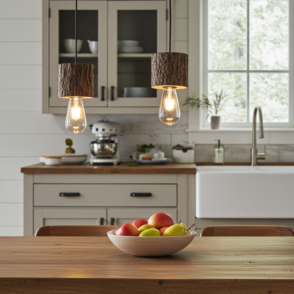 Modern kitchen with wooden dining table, fruit bowl, and pendant lights.