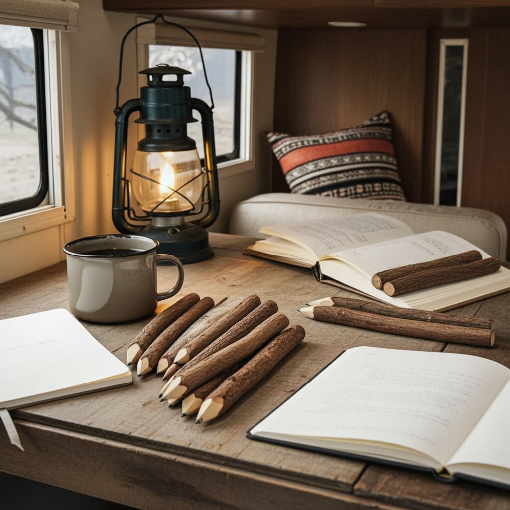 Wooden table with books, candles, and a lantern in a cozy interior setting.