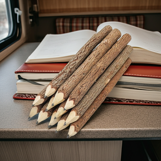 Wooden pencils with natural bark texture on a stack of books inside a vehicle.