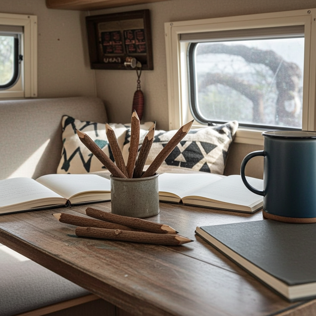 Table with books, mug, and sticks in a cozy interior setting