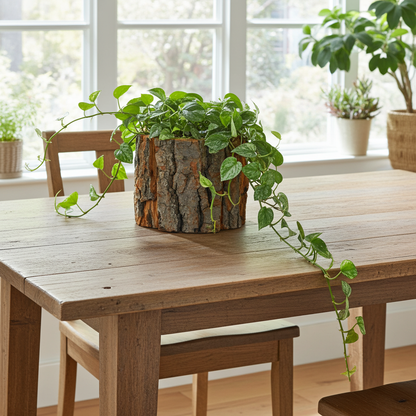 Wooden table with a potted plant on top in a bright room with large windows.
