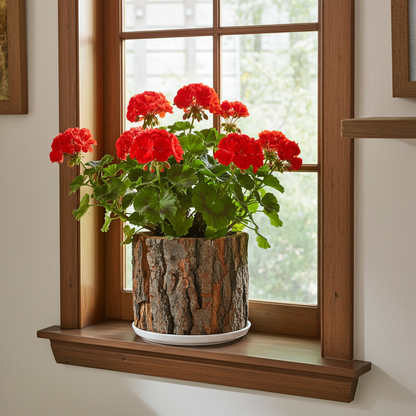 Potted red geraniums in a wooden planter with a window in the background