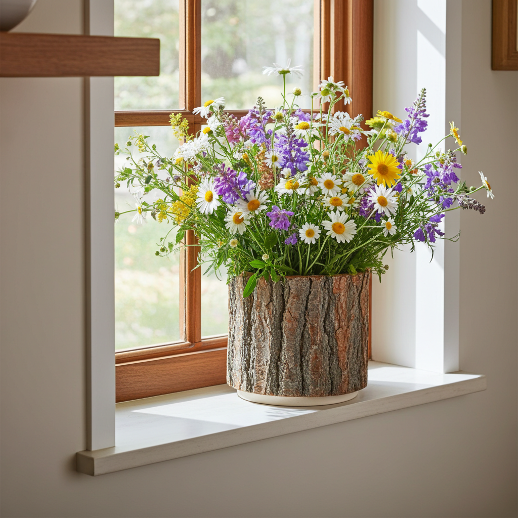 Floral arrangement in a wooden planter on a windowsill with a blurred outdoor background