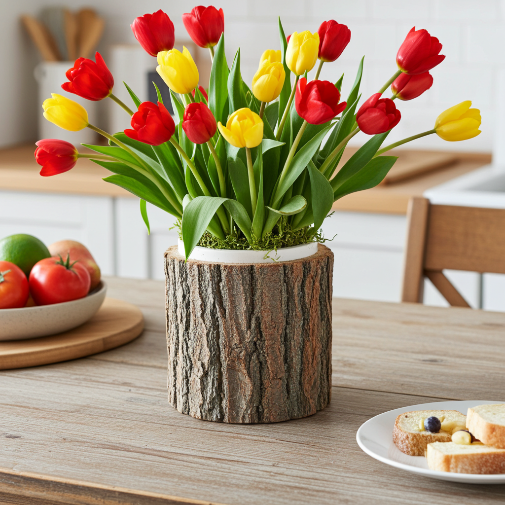 Colorful tulips in a wooden planter on a kitchen counter with fruits and bread.