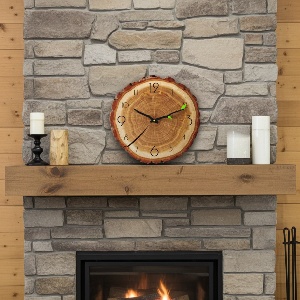 Wooden clock on a stone wall above a fireplace with candles on a mantel.