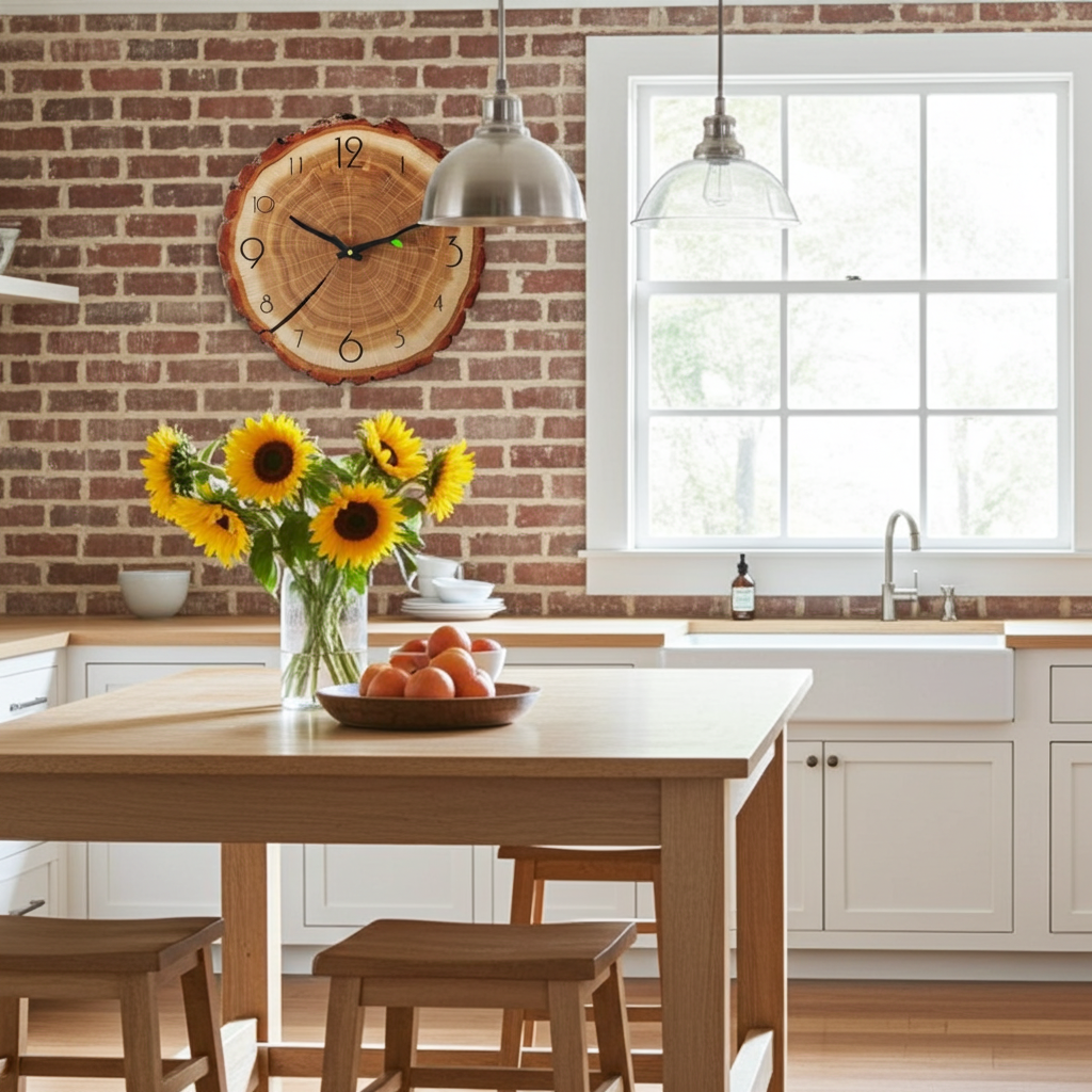 Kitchen with wooden table, sunflowers, and a brick wall.