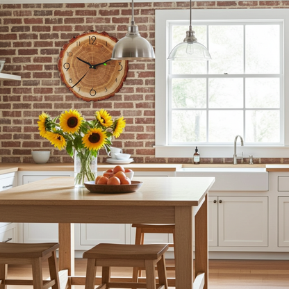 Kitchen with wooden table, sunflowers, and a brick wall.