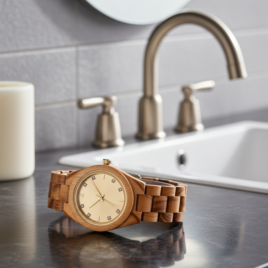 Wooden watch on a metallic surface with a bathroom background
