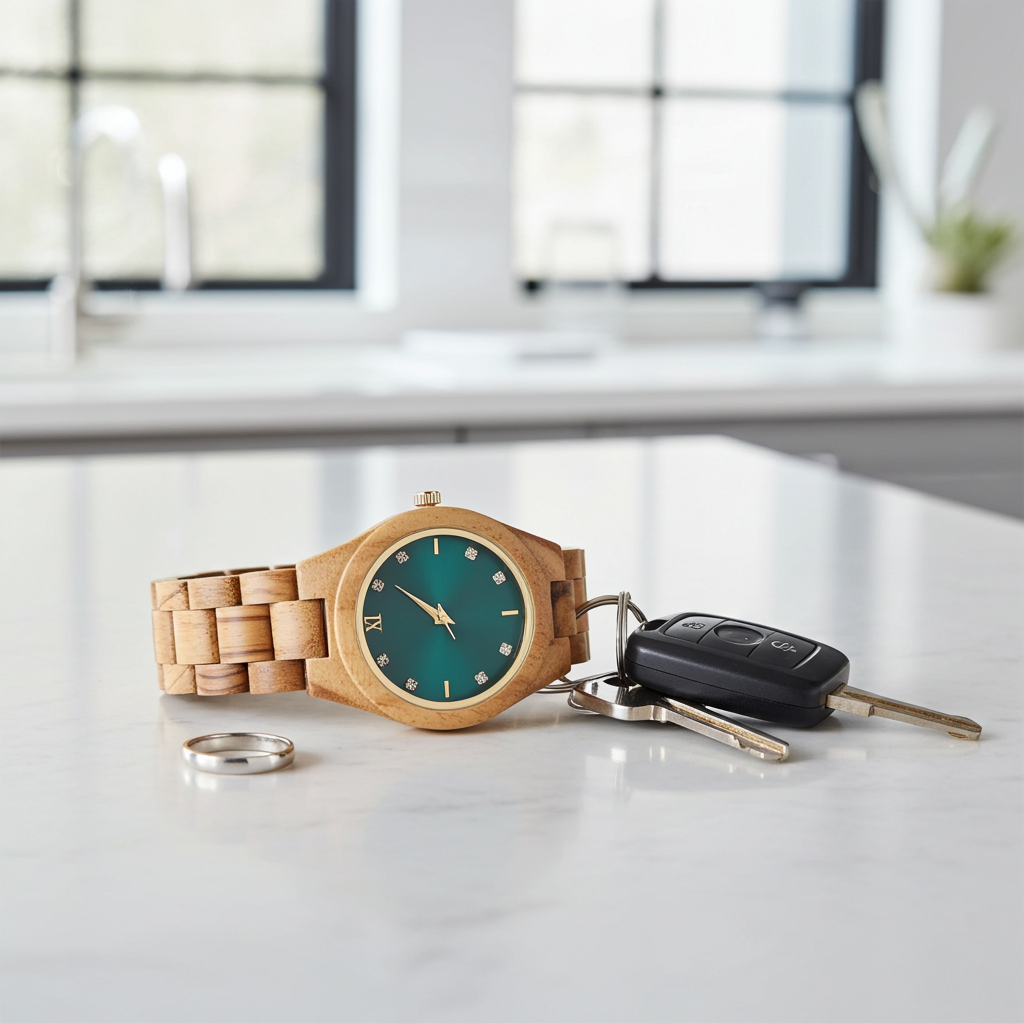 Wooden watch with teal face and keys on a white surface