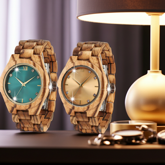 Two wooden watches with green and gold faces on a table with a lamp in the background.