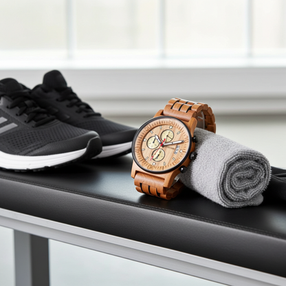 Wooden watch with black sneakers and gray towel on a bench