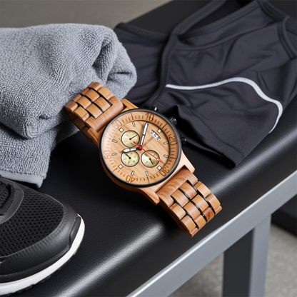 Wooden watch on a black surface with a towel and black shoes